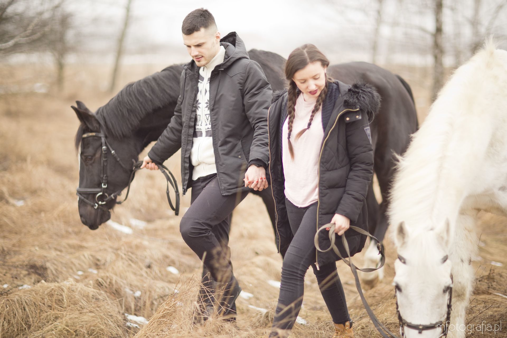zdjęcia par na sesji fotograficznej z końmi